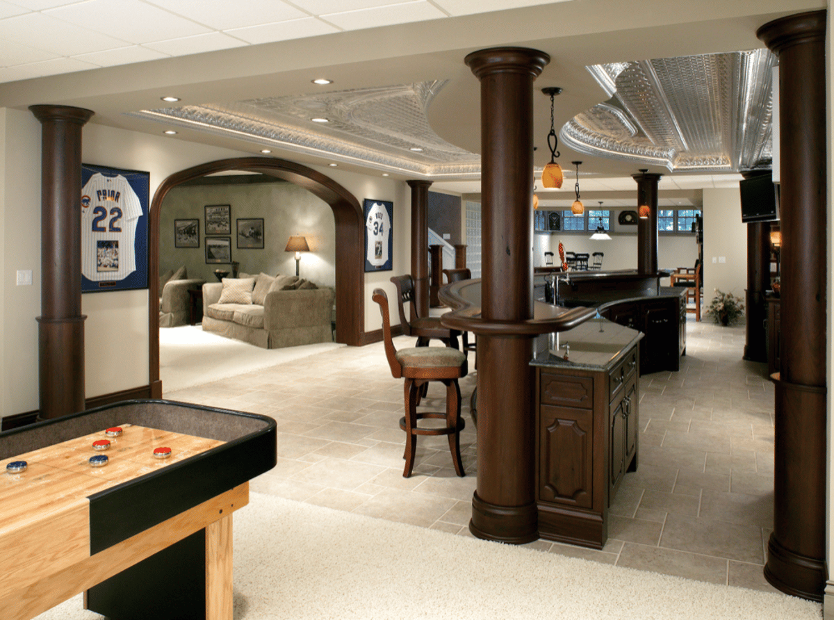 Basement bar and recreation room with game table